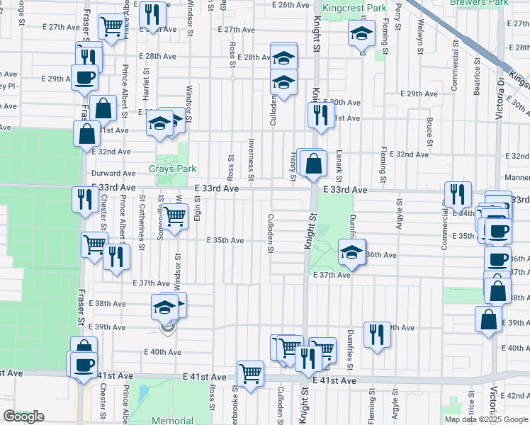 map of restaurants, bars, coffee shops, grocery stores, and more near 4995 Culloden Street in Vancouver