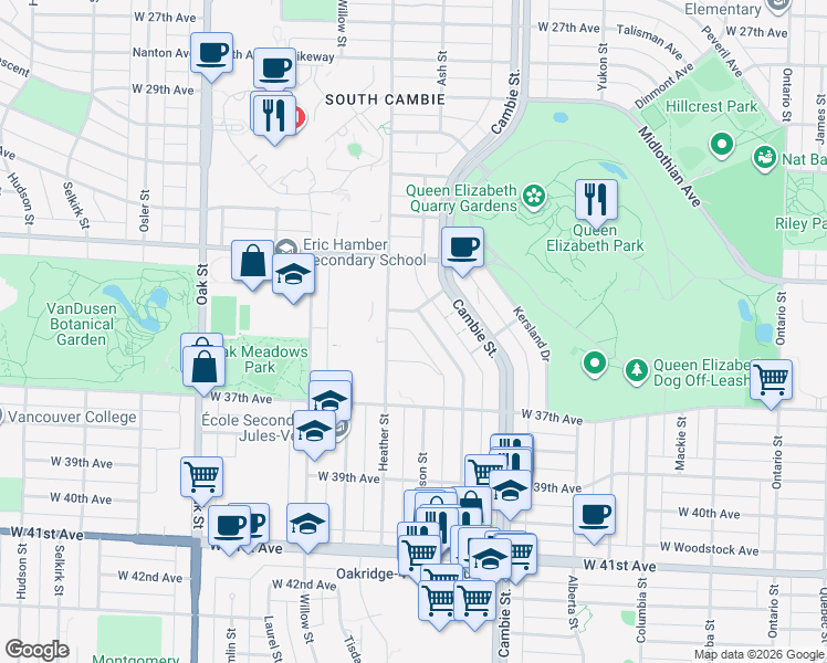 map of restaurants, bars, coffee shops, grocery stores, and more near 5007 Ash Street in Vancouver