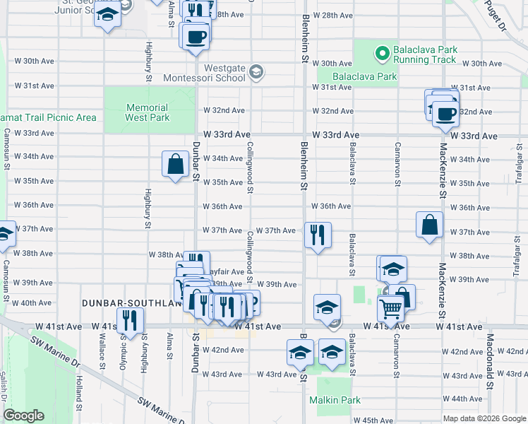 map of restaurants, bars, coffee shops, grocery stores, and more near 3456 West 36th Avenue in Vancouver