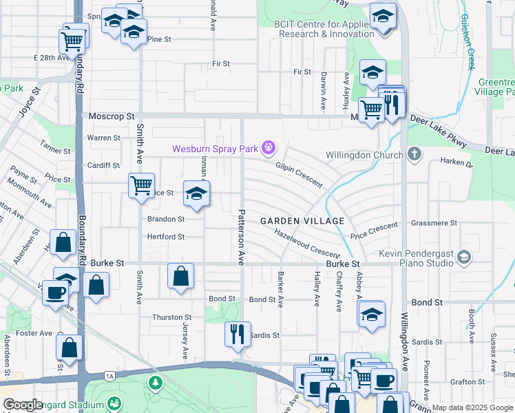 map of restaurants, bars, coffee shops, grocery stores, and more near 4144 Price Crescent in Burnaby