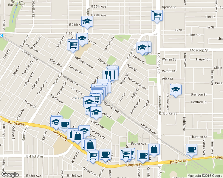 map of restaurants, bars, coffee shops, grocery stores, and more near in Vancouver