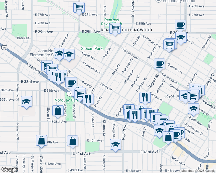 map of restaurants, bars, coffee shops, grocery stores, and more near 2915 Horley Street in Vancouver
