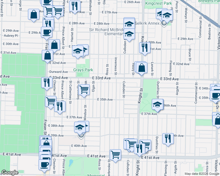 map of restaurants, bars, coffee shops, grocery stores, and more near 4990 Sherbrooke Street in Vancouver