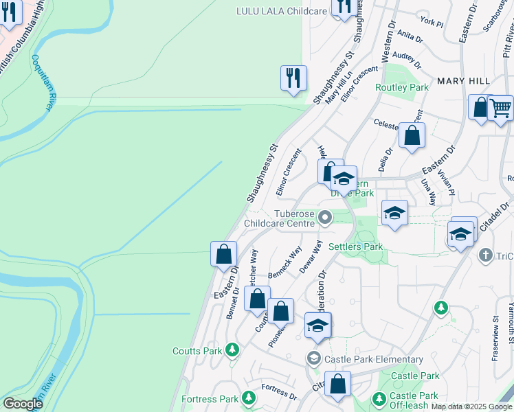 map of restaurants, bars, coffee shops, grocery stores, and more near 1360 Mary Hill Lane in Port Coquitlam