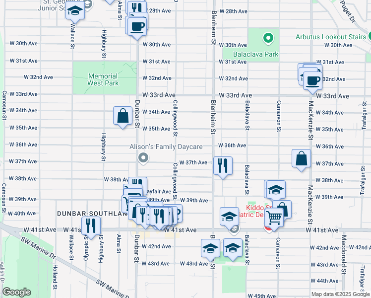 map of restaurants, bars, coffee shops, grocery stores, and more near 3456 West 36th Avenue in Vancouver