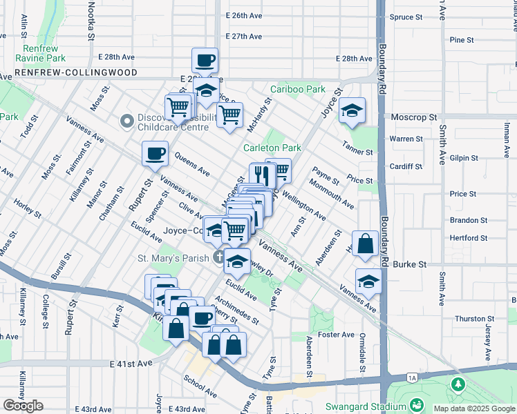 map of restaurants, bars, coffee shops, grocery stores, and more near 5035 Joyce Street in Vancouver