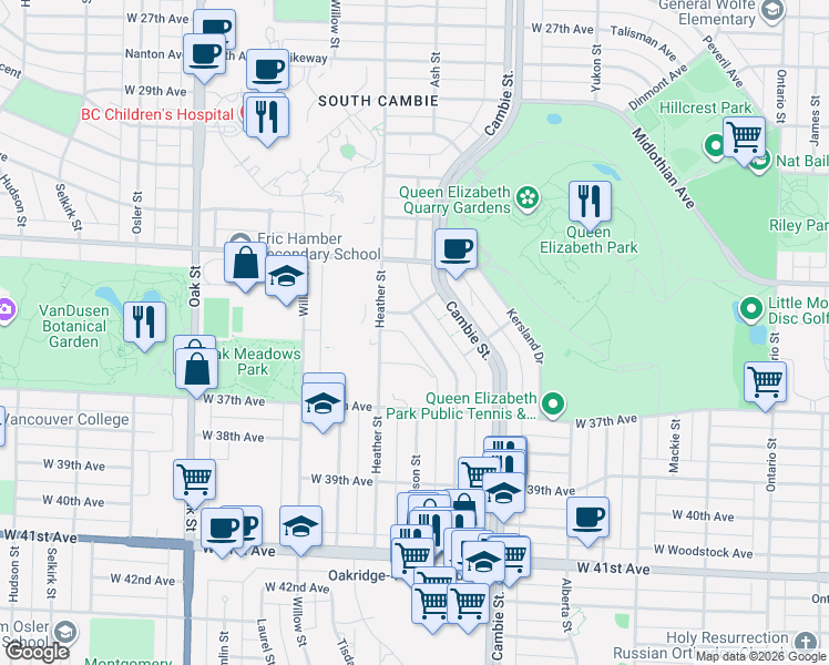 map of restaurants, bars, coffee shops, grocery stores, and more near 5005 Ash Street in Vancouver