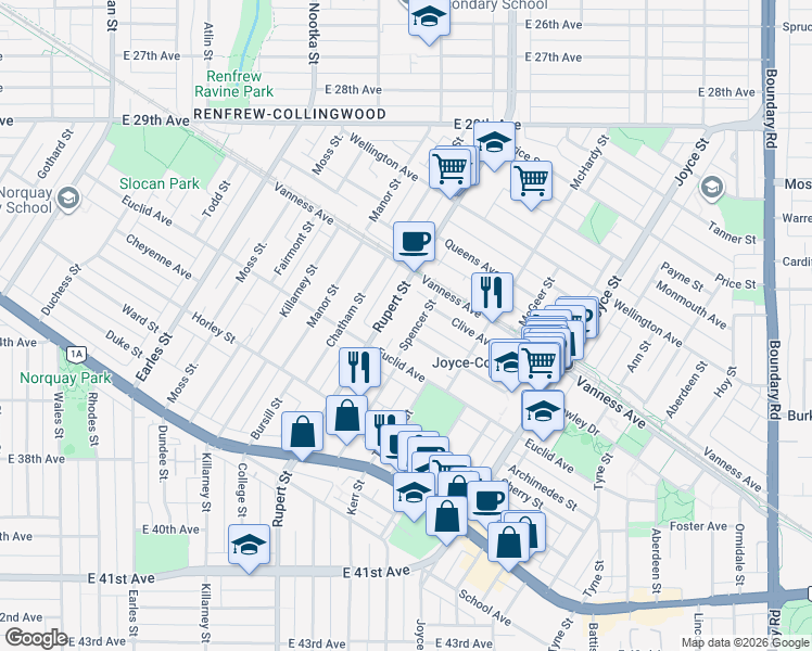 map of restaurants, bars, coffee shops, grocery stores, and more near 4995 Spencer Street in Vancouver