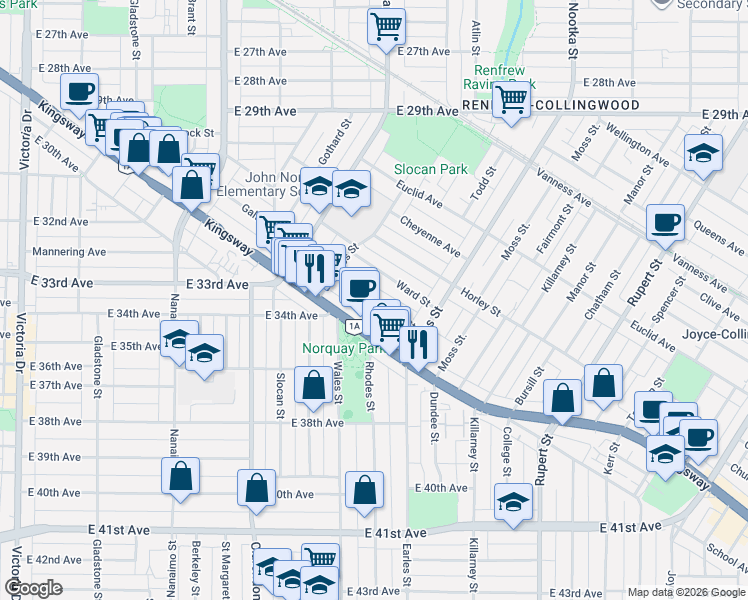 map of restaurants, bars, coffee shops, grocery stores, and more near 2688 Duke Street in Vancouver