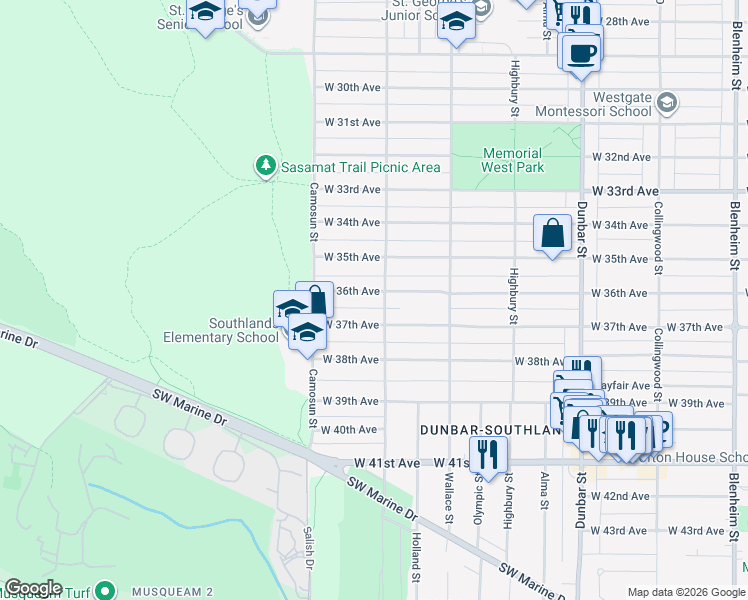 map of restaurants, bars, coffee shops, grocery stores, and more near 4014 West 36th Avenue in Vancouver