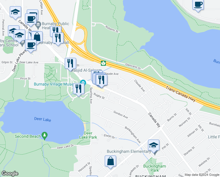 map of restaurants, bars, coffee shops, grocery stores, and more near 5132 Canada Way in Burnaby