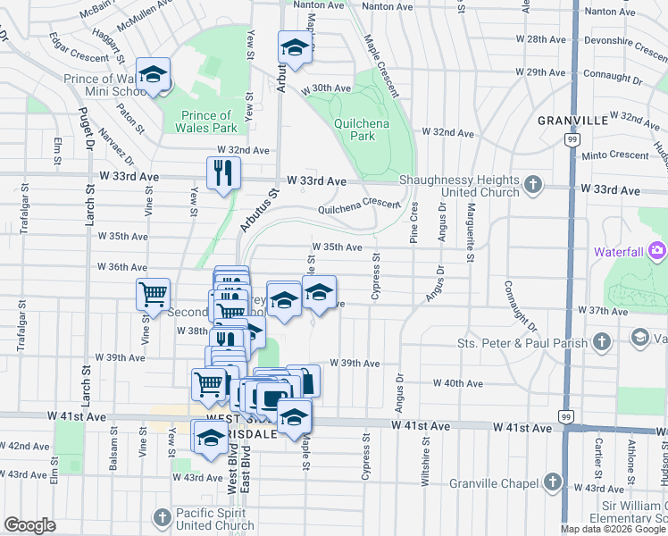 map of restaurants, bars, coffee shops, grocery stores, and more near 1971 West 36th Avenue in Vancouver