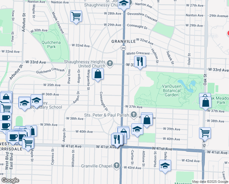 map of restaurants, bars, coffee shops, grocery stores, and more near 1529 West 36th Avenue in Vancouver