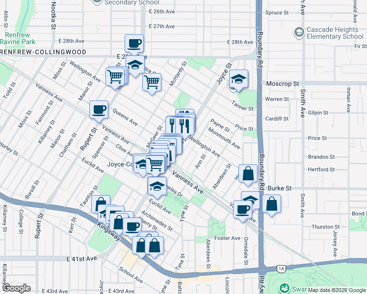 map of restaurants, bars, coffee shops, grocery stores, and more near 4950 Joyce Street in Vancouver