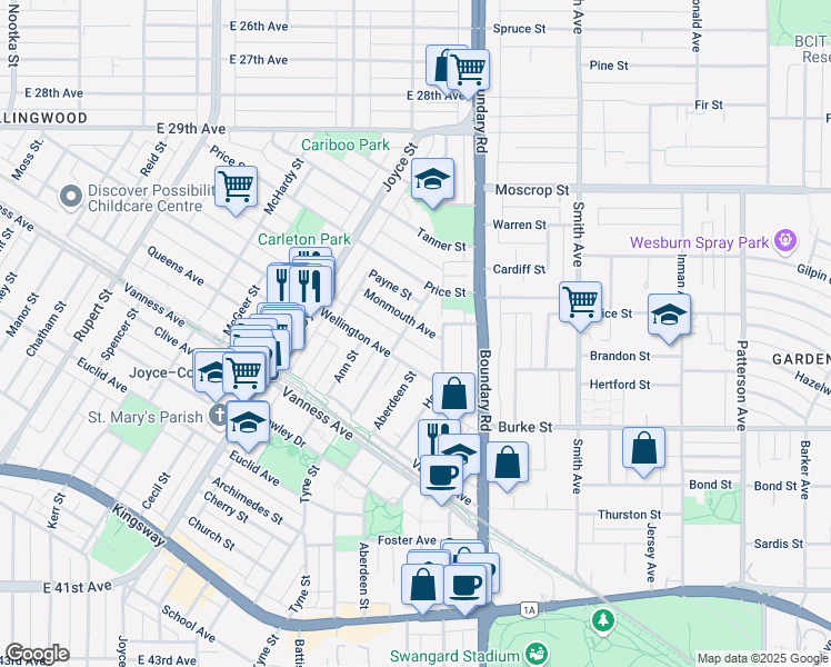 map of restaurants, bars, coffee shops, grocery stores, and more near 3628 Monmouth Avenue in Vancouver