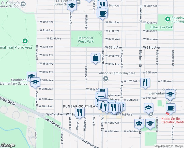 map of restaurants, bars, coffee shops, grocery stores, and more near 3726 West 36th Avenue in Vancouver