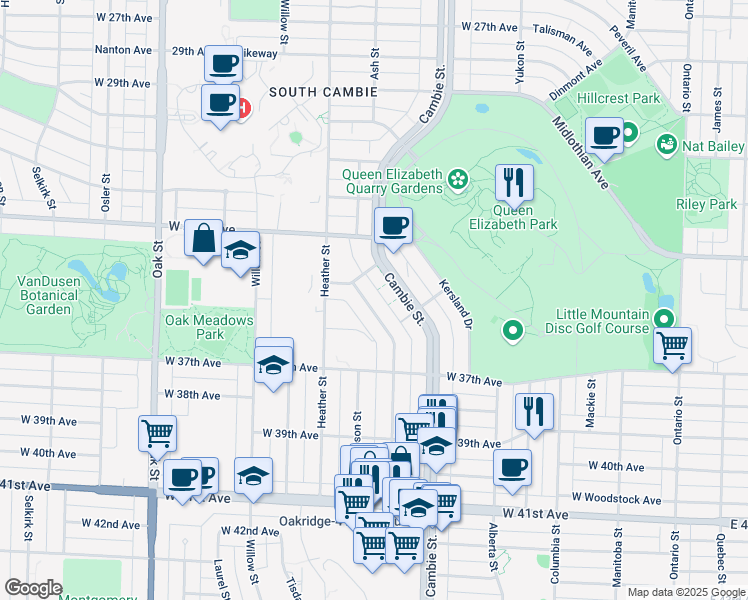 map of restaurants, bars, coffee shops, grocery stores, and more near 5020 Ash Street in Vancouver