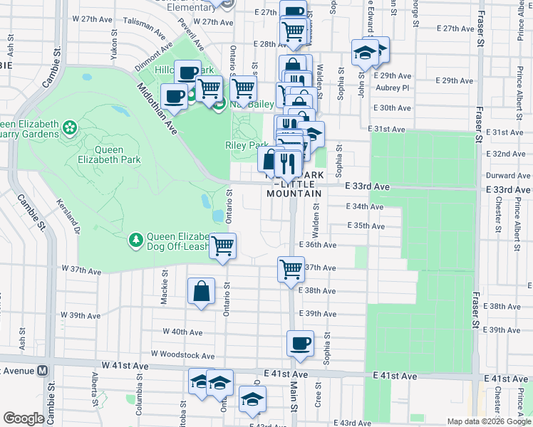 map of restaurants, bars, coffee shops, grocery stores, and more near 5089 Quebec Street in Vancouver