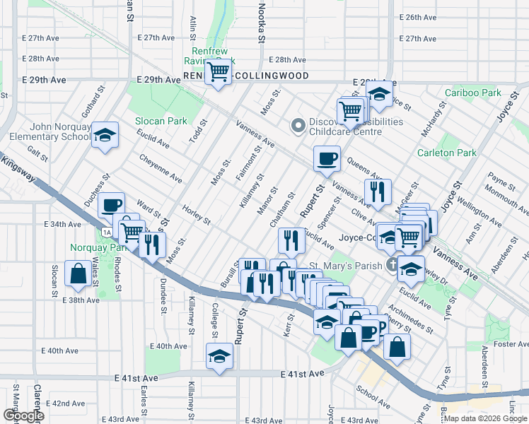 map of restaurants, bars, coffee shops, grocery stores, and more near 5002 Manor Street in Vancouver