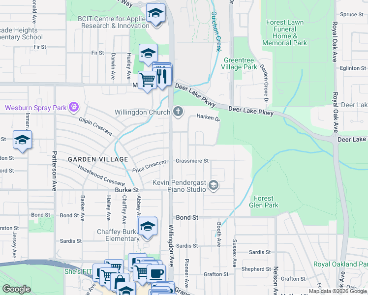map of restaurants, bars, coffee shops, grocery stores, and more near 5017 Pioneer Avenue in Burnaby
