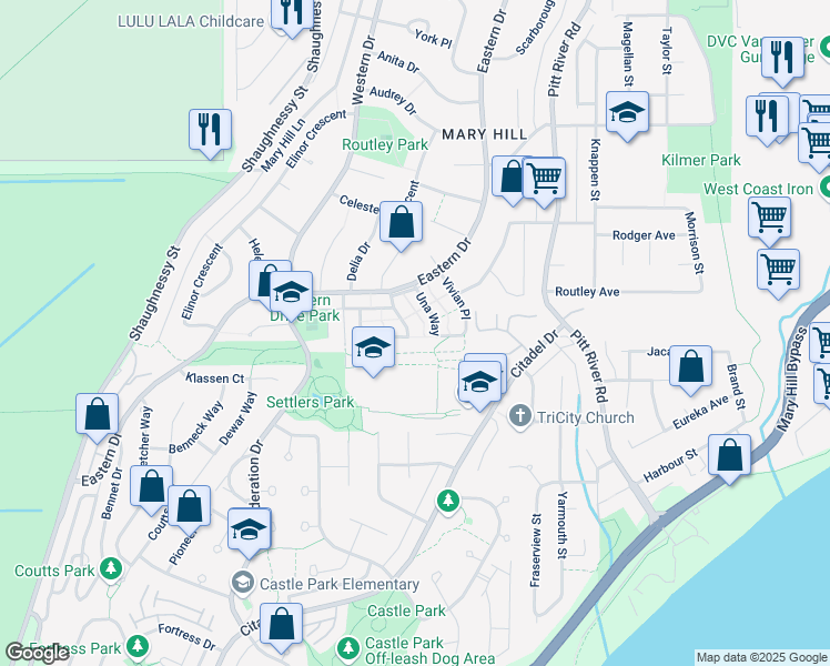 map of restaurants, bars, coffee shops, grocery stores, and more near 1306 Tina Way in Port Coquitlam