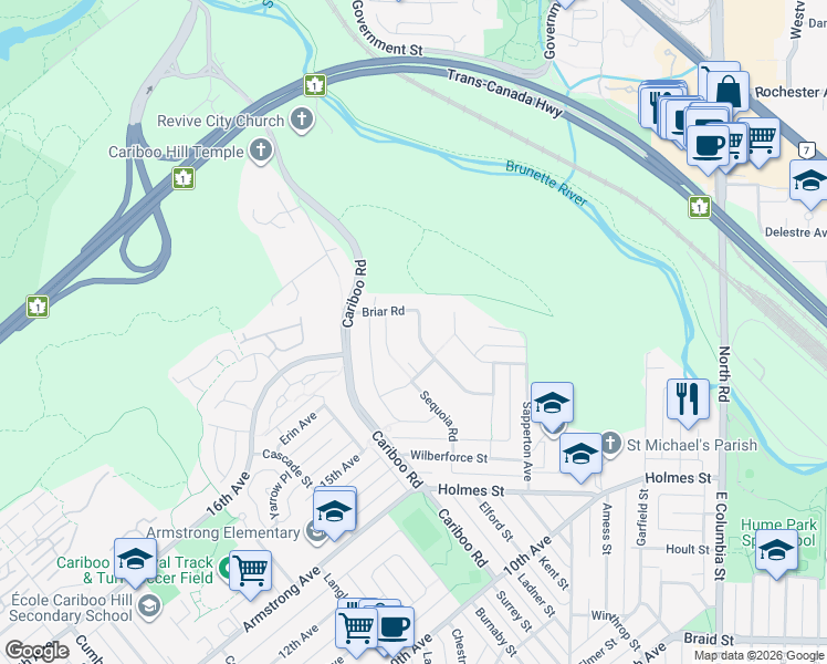 map of restaurants, bars, coffee shops, grocery stores, and more near 9068 Briar Road in Burnaby