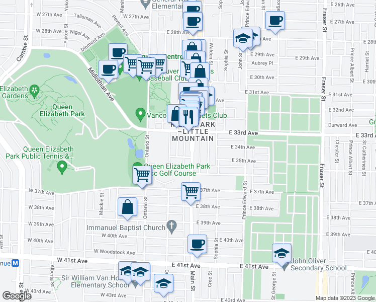 map of restaurants, bars, coffee shops, grocery stores, and more near in Vancouver