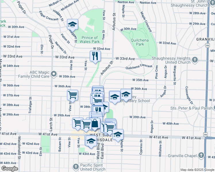map of restaurants, bars, coffee shops, grocery stores, and more near 2071 West 36th Avenue in Vancouver