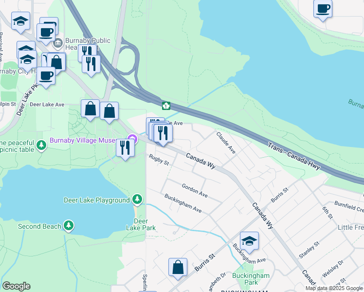 map of restaurants, bars, coffee shops, grocery stores, and more near 5168 Savile Row in Burnaby