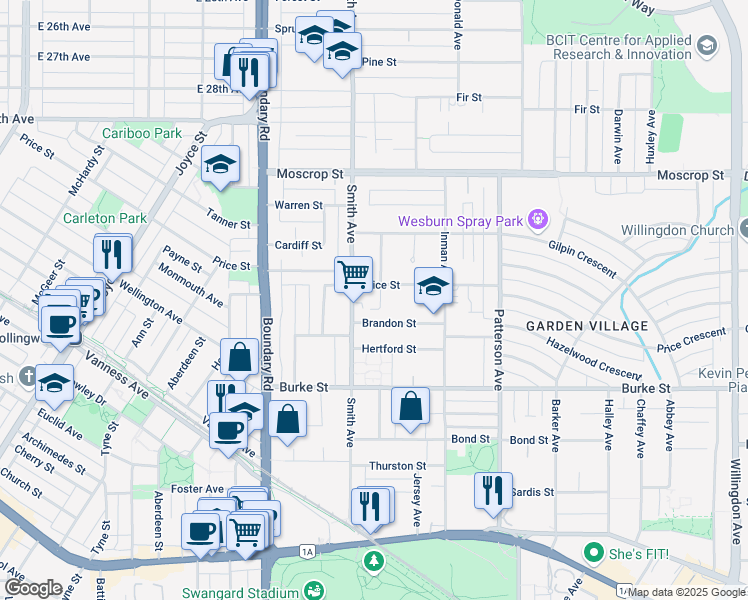 map of restaurants, bars, coffee shops, grocery stores, and more near 4977 Chesham Avenue in Burnaby