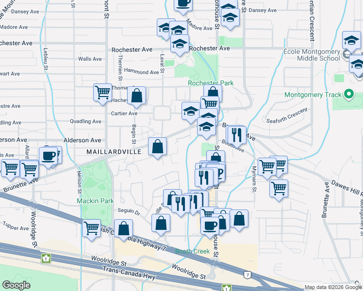 map of restaurants, bars, coffee shops, grocery stores, and more near 1328 Brunette Avenue in Coquitlam