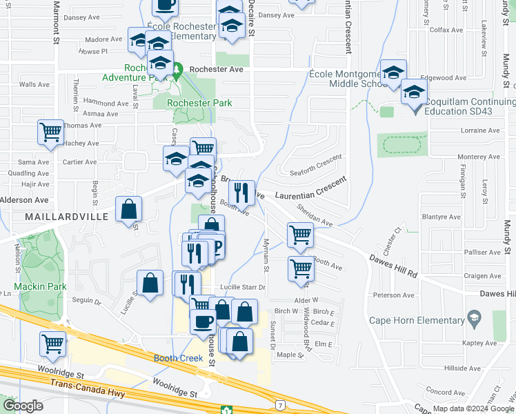 map of restaurants, bars, coffee shops, grocery stores, and more near 1591 Booth Avenue in Coquitlam