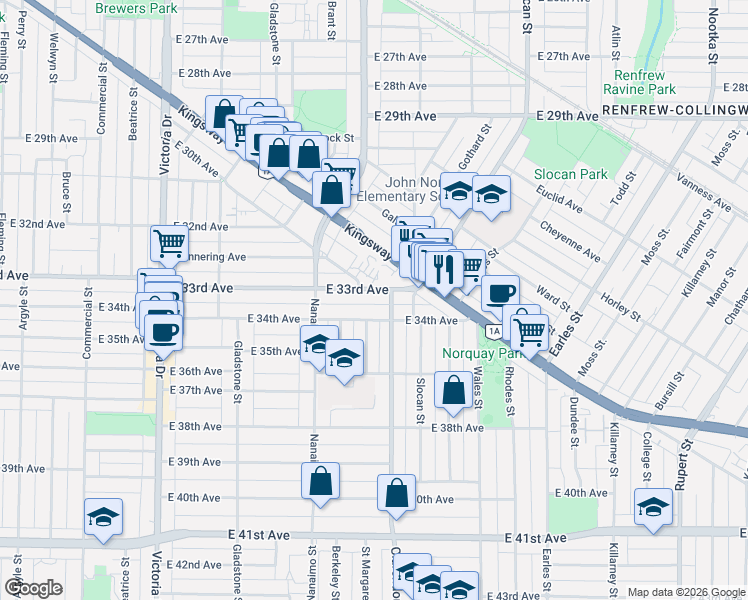 map of restaurants, bars, coffee shops, grocery stores, and more near 4933 Clarendon Street in Vancouver