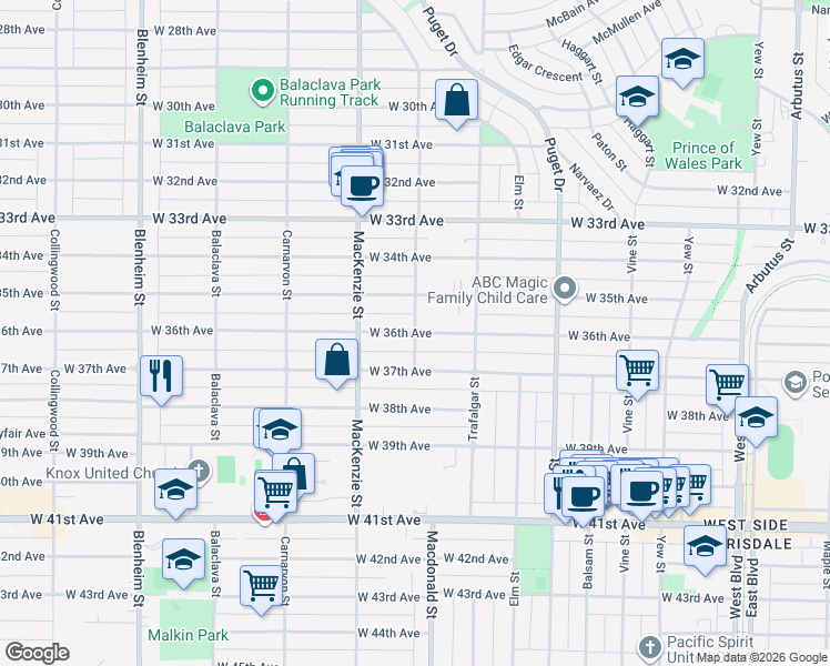 map of restaurants, bars, coffee shops, grocery stores, and more near West 36th Avenue in Vancouver