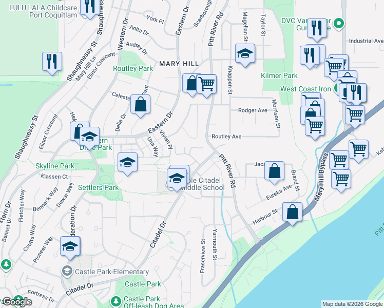 map of restaurants, bars, coffee shops, grocery stores, and more near 1355 Citadel Drive in Port Coquitlam