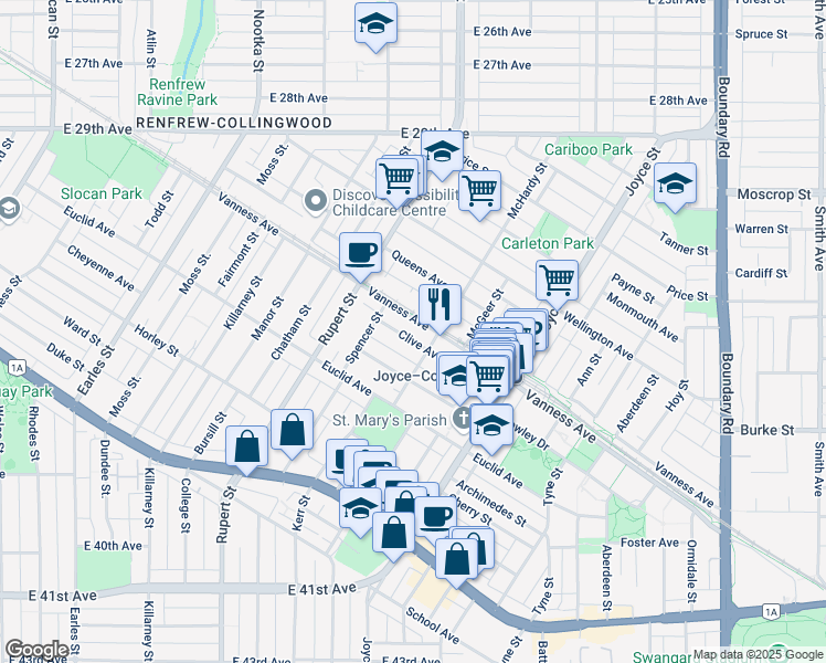 map of restaurants, bars, coffee shops, grocery stores, and more near 3261 Clive Avenue in Vancouver