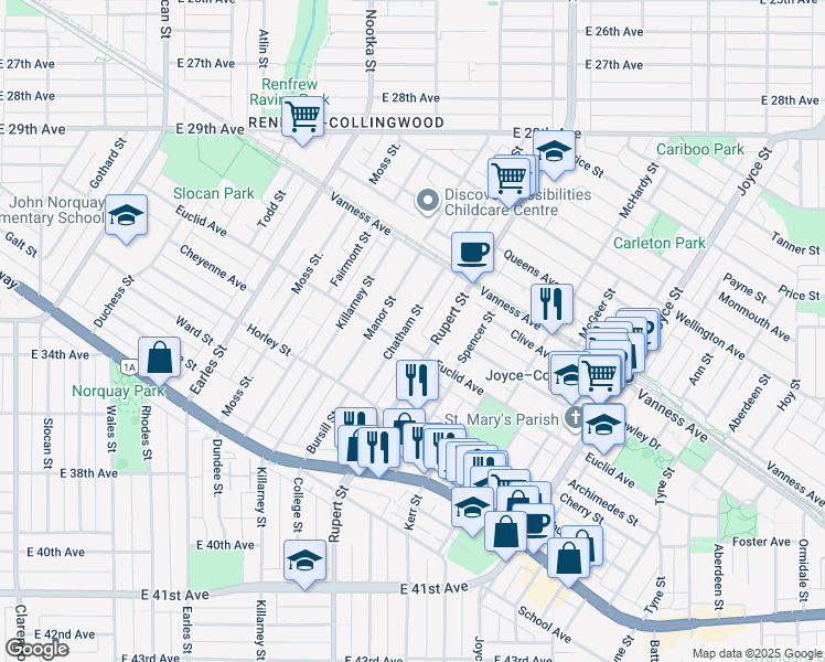 map of restaurants, bars, coffee shops, grocery stores, and more near 4980 Chatham Street in Vancouver