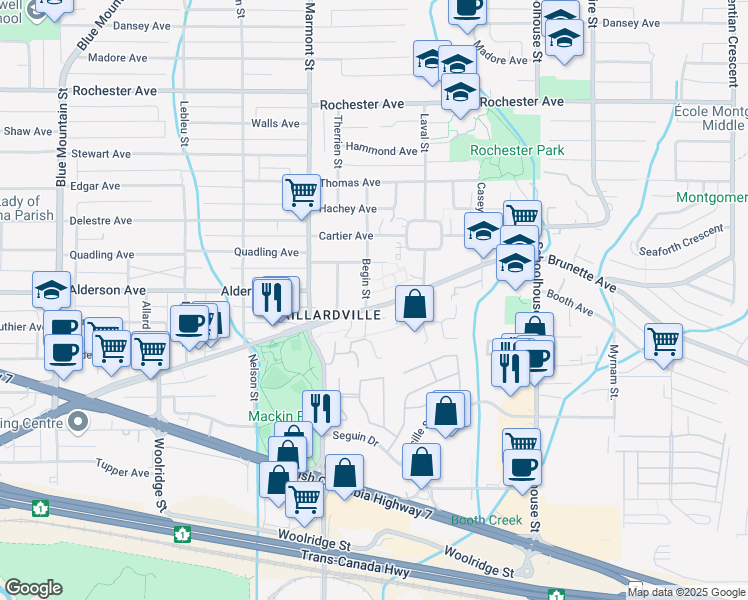 map of restaurants, bars, coffee shops, grocery stores, and more near 1201 Brunette Avenue in Coquitlam