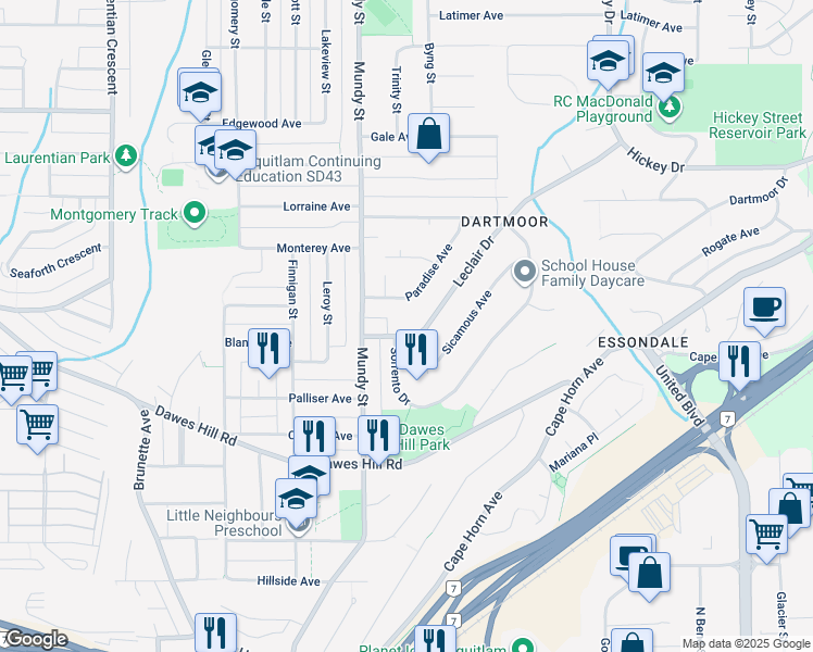 map of restaurants, bars, coffee shops, grocery stores, and more near 2233 Leclair Drive in Coquitlam
