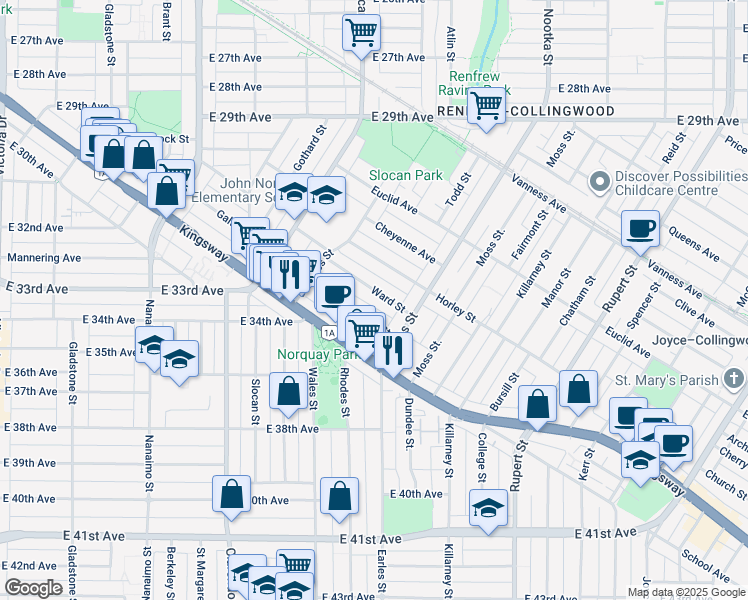 map of restaurants, bars, coffee shops, grocery stores, and more near 2726 Ward Street in Vancouver