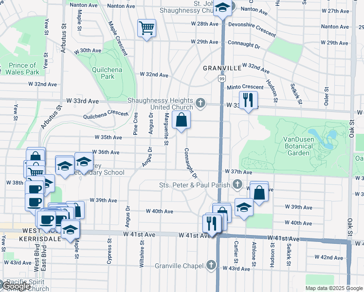 map of restaurants, bars, coffee shops, grocery stores, and more near 5149 Connaught Drive in Vancouver