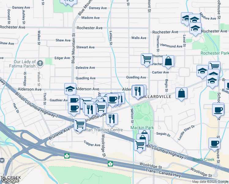 map of restaurants, bars, coffee shops, grocery stores, and more near 235 Lebleu Street in Coquitlam