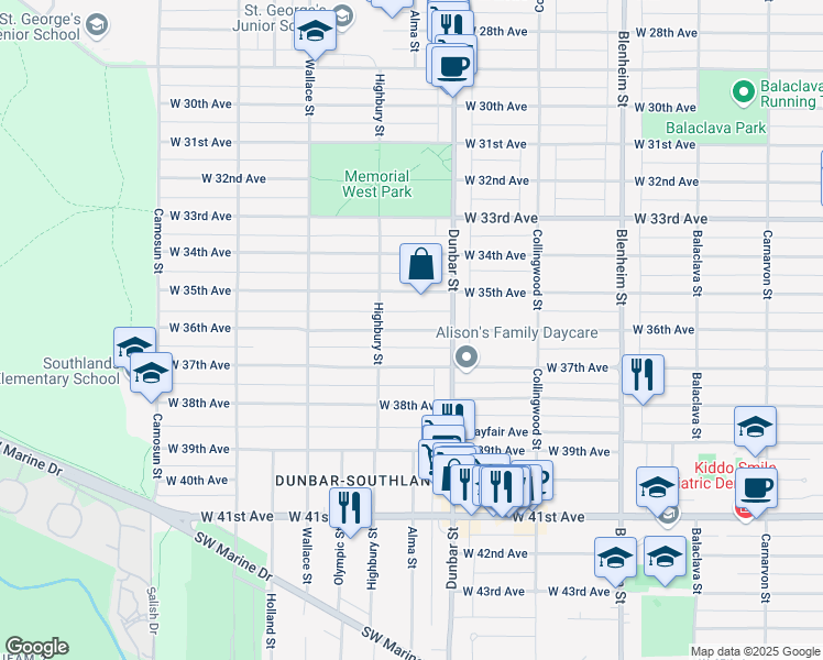 map of restaurants, bars, coffee shops, grocery stores, and more near 3726 West 36th Avenue in Vancouver