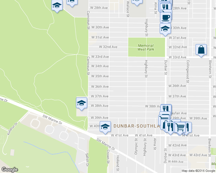 map of restaurants, bars, coffee shops, grocery stores, and more near 4015 West 36th Avenue in Vancouver