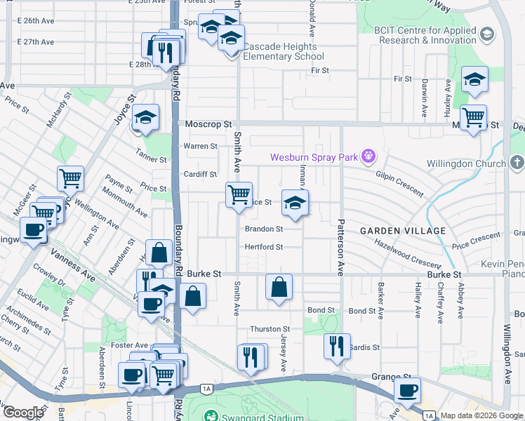 map of restaurants, bars, coffee shops, grocery stores, and more near 4962 Chesham Avenue in Burnaby