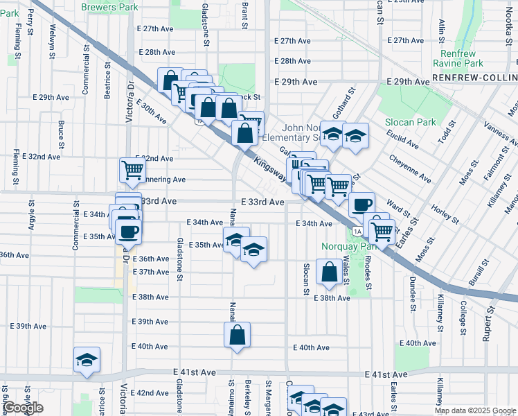 map of restaurants, bars, coffee shops, grocery stores, and more near 2366 East 33rd Avenue in Vancouver