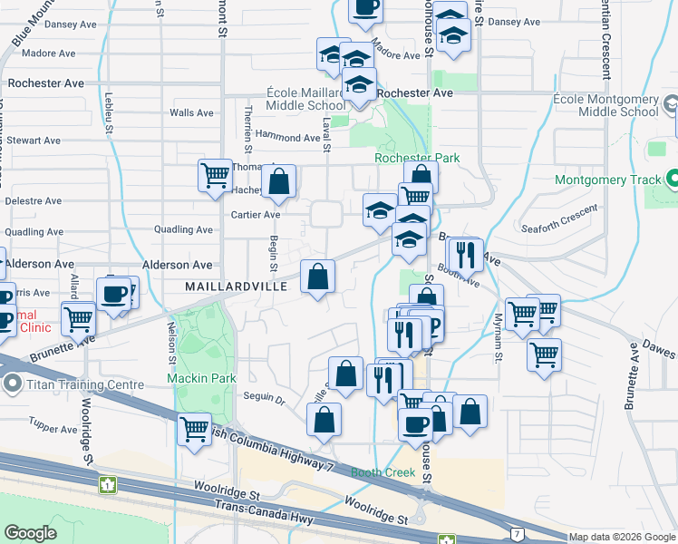 map of restaurants, bars, coffee shops, grocery stores, and more near 123 Laval Street in Coquitlam