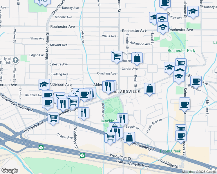 map of restaurants, bars, coffee shops, grocery stores, and more near 1044 Alderson Avenue in Coquitlam