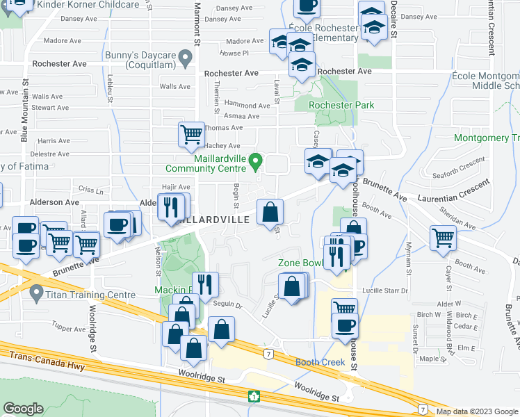 map of restaurants, bars, coffee shops, grocery stores, and more near 1215 Brunette Avenue in Coquitlam