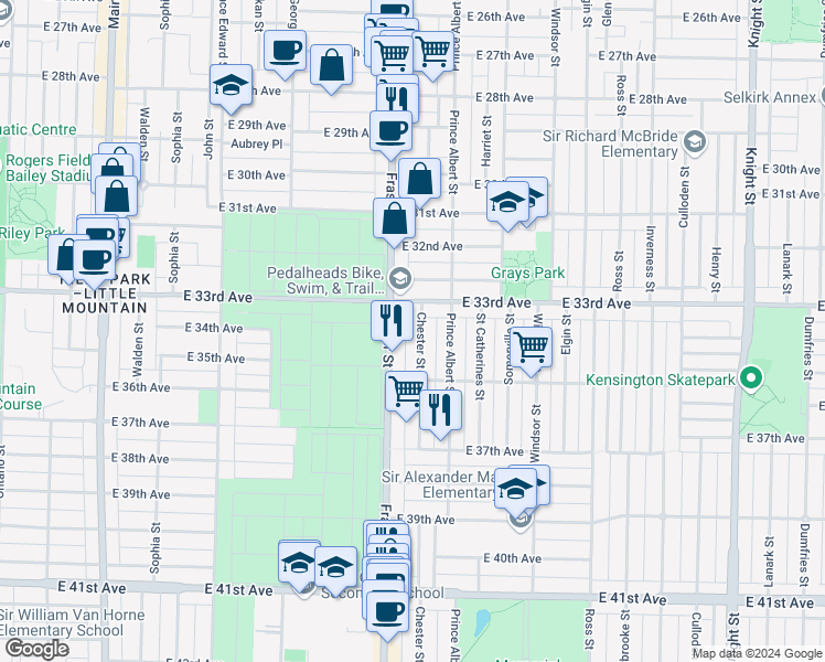 map of restaurants, bars, coffee shops, grocery stores, and more near 4975 Chester Street in Vancouver